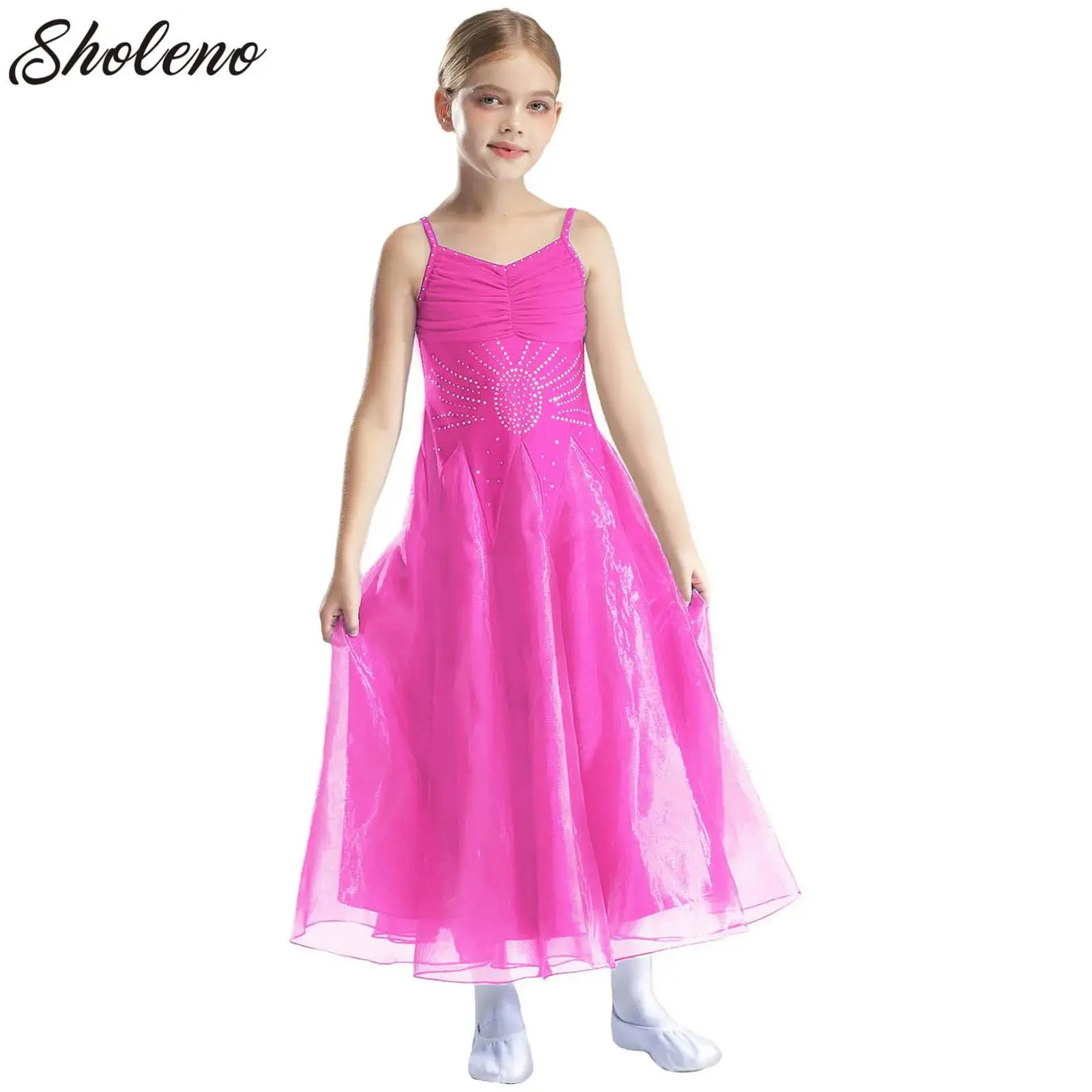 Meninas Latin Ballroom Dance Vestido Longo, Strass Brilhante, Sem Mangas, Flamenco, Tango, Salsa, Valsa Dancewear, Rumba Samba Traje