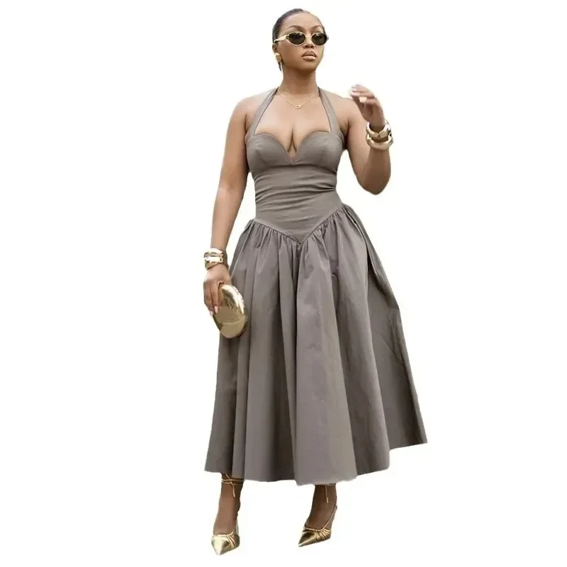 

Sexy Deep V-Neck Halter Knee-Length Dresses Women's Autumn 2025 New Arrival Slimming Middle-Length Dress For Special Occasions