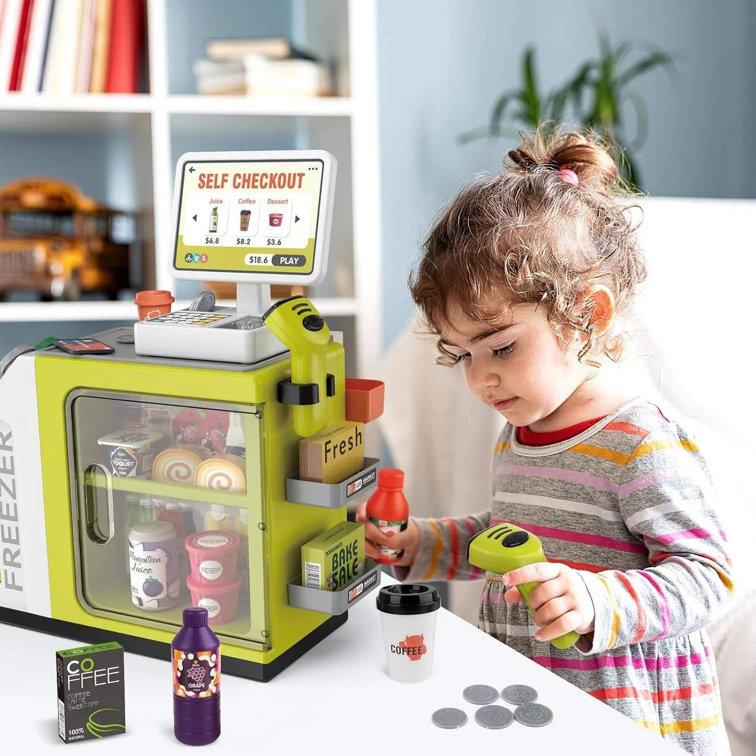 

Pretend Play Cash Register Toy Set for Kids with Water Outlet Function Calculator Shopping Scanners Coffee Machine Play Food