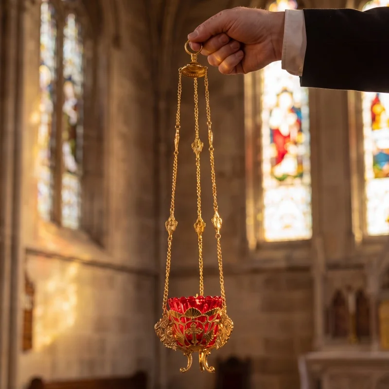 

Gold Plated Orthodox Church Hanging Vigil Lamp with Red Glass Insert for Liturgy Home Altar Prayer Christian Gift Decor Access