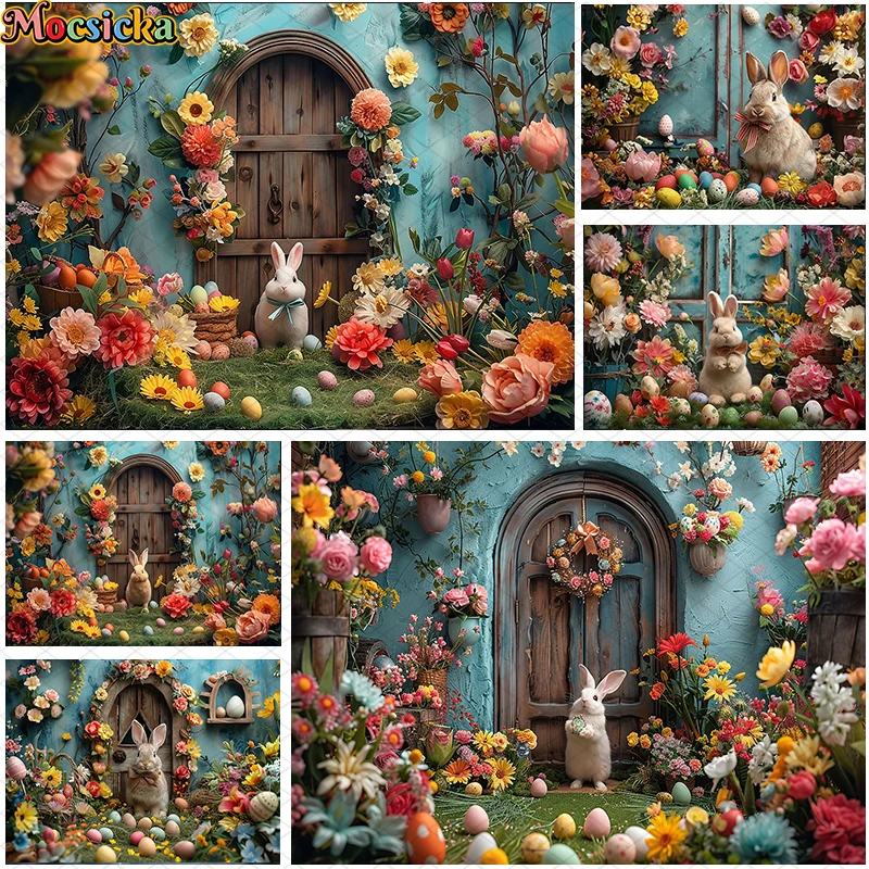 

Spring Easter Photography Background Garden Wooden Door Eggs Bunny Floral Decor Newborn Shower Portrait Backdrop Photo Studio