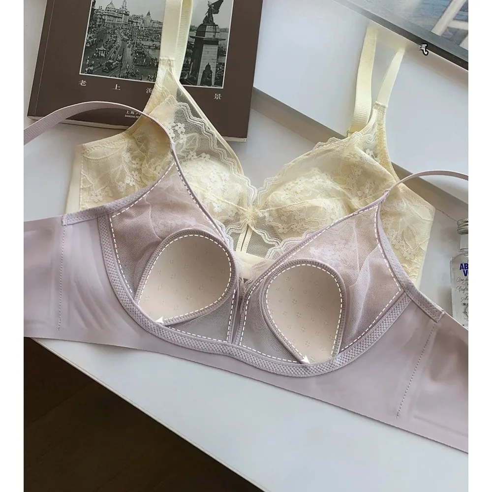 French lace thin crystal cup big chest small underwear women thin without steel ring collection sub-breasts rabbit ears cup bra