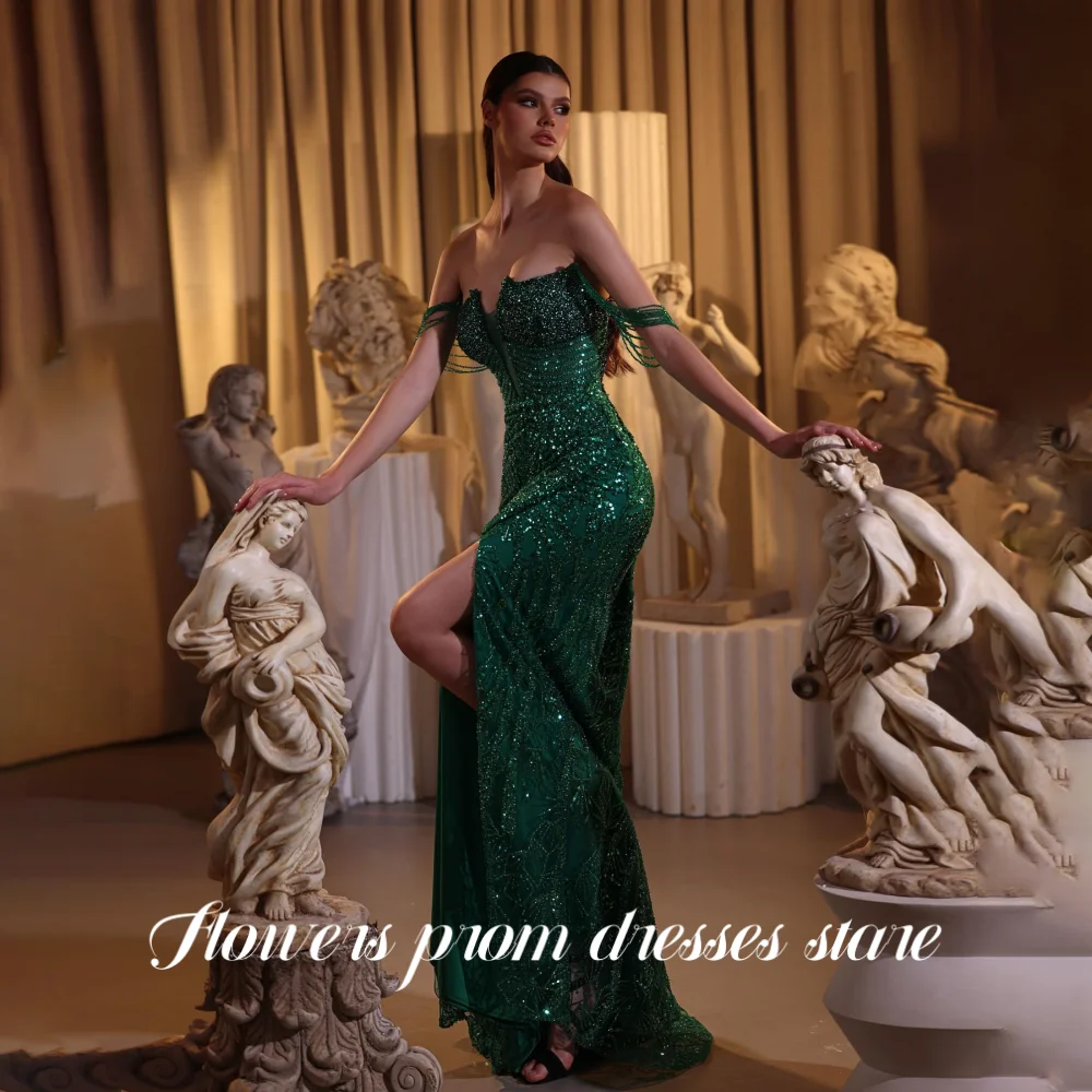 Bloemen Glitter Groene Formele Jurk Lovertjes Zeemeermin Feestjurk Uit de Schouder Galajurken Zijsplit Avondjurk Op maat