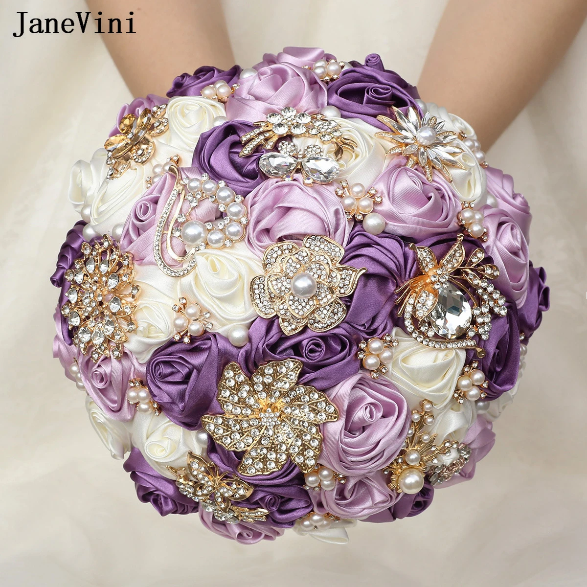 JaneVini New Luxury Purple Ivory Wedding Flowers Bridal Bouquets Gold Jewelry Crystals Artificial Satin Roses Bride Hand Bouquet