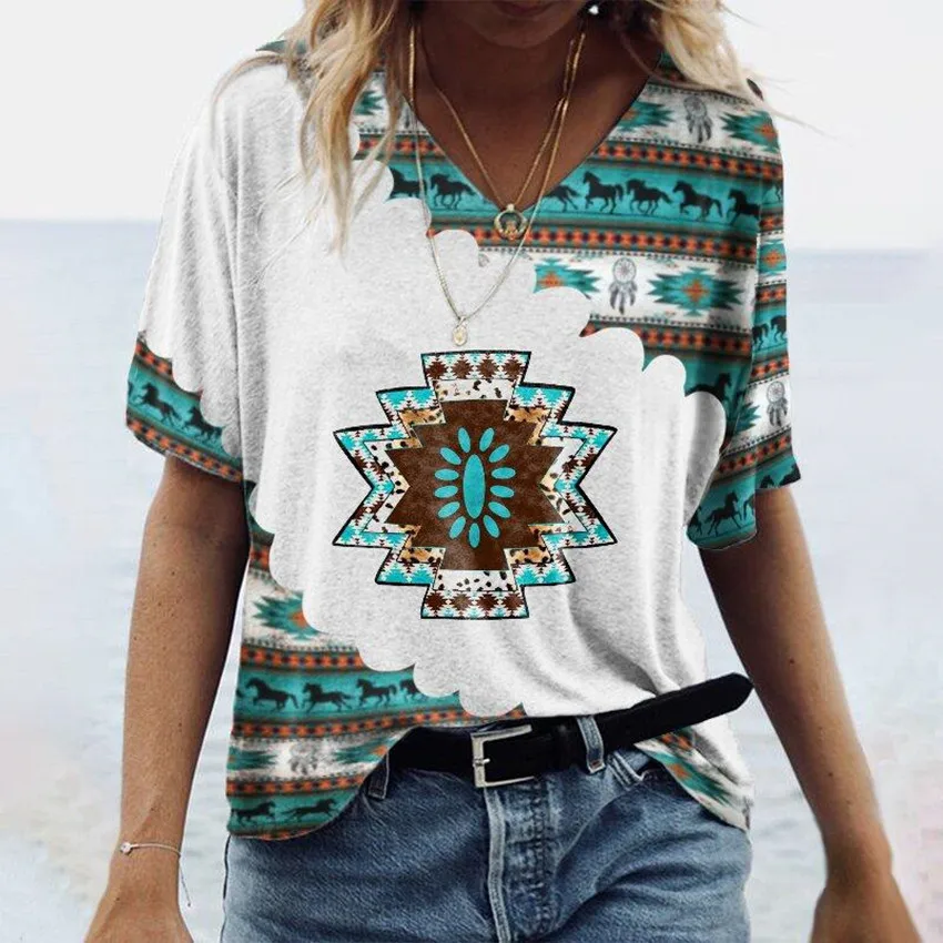 

New Retro Geometric Print V-neck Women T-shirt Leisure Style Slim Fit Women Short Sleeved Quick Drying Trendy Vacation Clothing