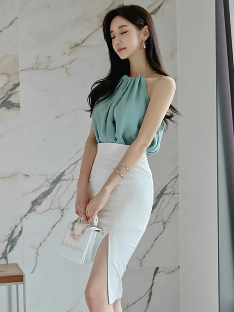 Fashion Sexy Club 2 Piece Outfit Elegant Women Chic Sexy Strap Loose Tops Shirt Blouse High Waist Slit Midi Skirt Mujer Slim Set