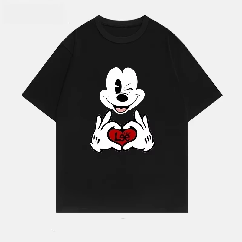 

Новинка 2025, летняя роман, креативная черно-белая женская футболка с принтом Микки, большие размеры, повседневный свободный женский топ Y2K с круглым вырезом