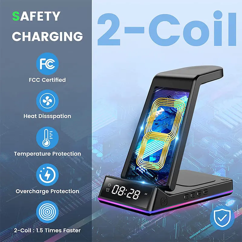 5 In 1 Foldable Wireless Charger Stand RGB Dock LED Clock Fast Charging Station for iPhone 17 16 Apple Watch 2-8 SE Airpods pro