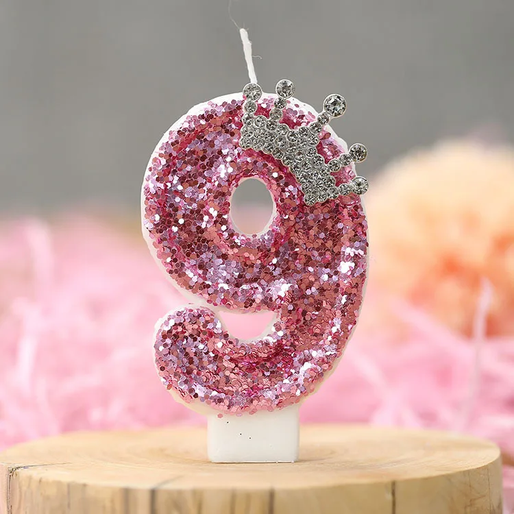Rosa Krone mit Pailletten-Geburtstagskerzen für Kuchen, Glitzer-Zahlenkerzen 0-9 als Kuchenaufsatz für Frauen-Geburtstagsfeiern. – Detail 11