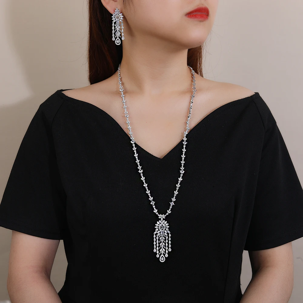 BLUE COAST Fashion Luxury Tassel Statement Jewelry Set For Women Wedding Party Long Sweater Chain Necklace And Earring