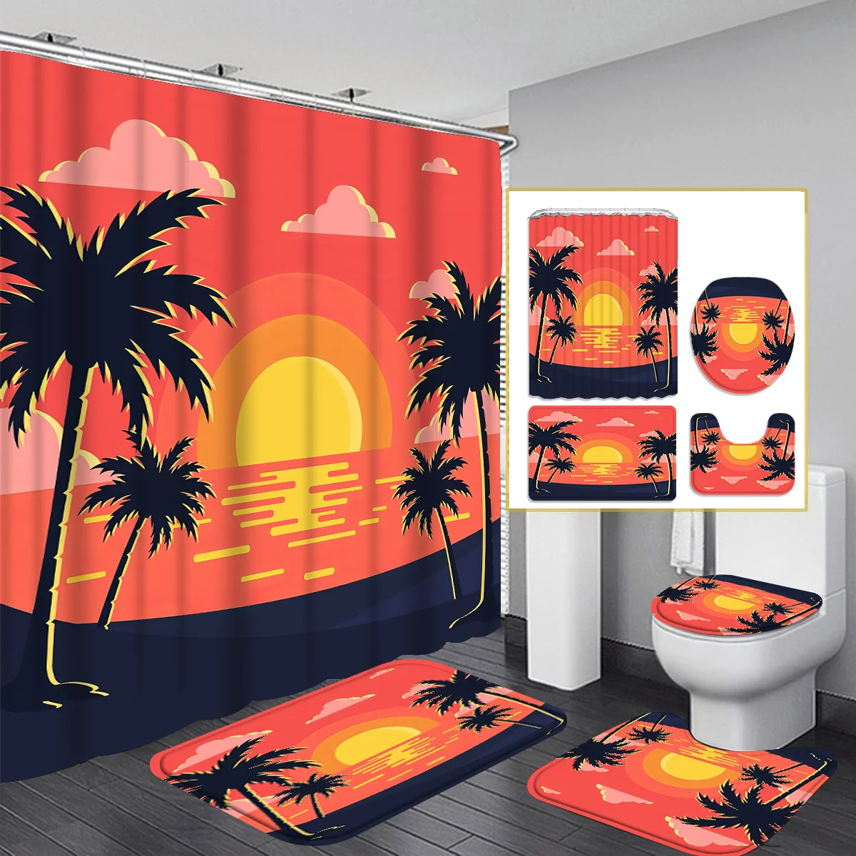 Coconut Tree Decorative Shower Curtain Bathroom Set - Machine Washable, with 12 Hooks, including Toilet Seat Cover and Bathtub