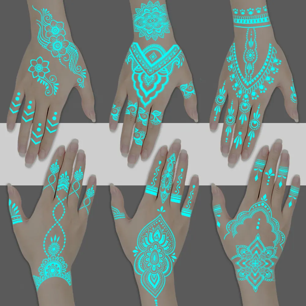 1Sheet Blue Night Glow Hand Back Tattoo Sticker Transfer Temporary Tattoo Mandala Lace Sexy Lace Finger Female Fake Tattoo