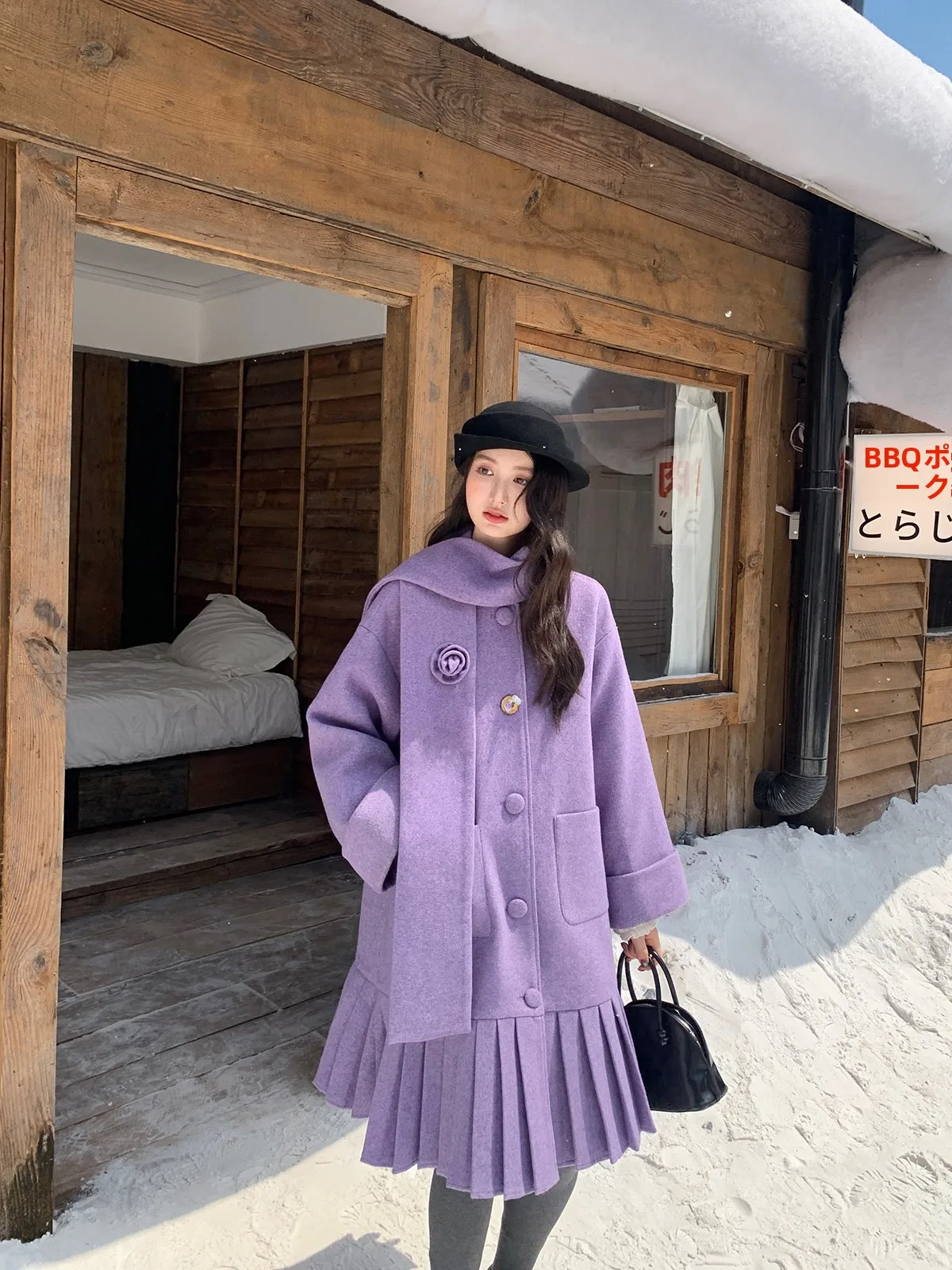 

Пальто шерстяное плиссированное фиолетовое в корейском стиле больших размеров для полных женщин, осенне-зимнее, с завышенной талией, повседневное, для работы и отдыха