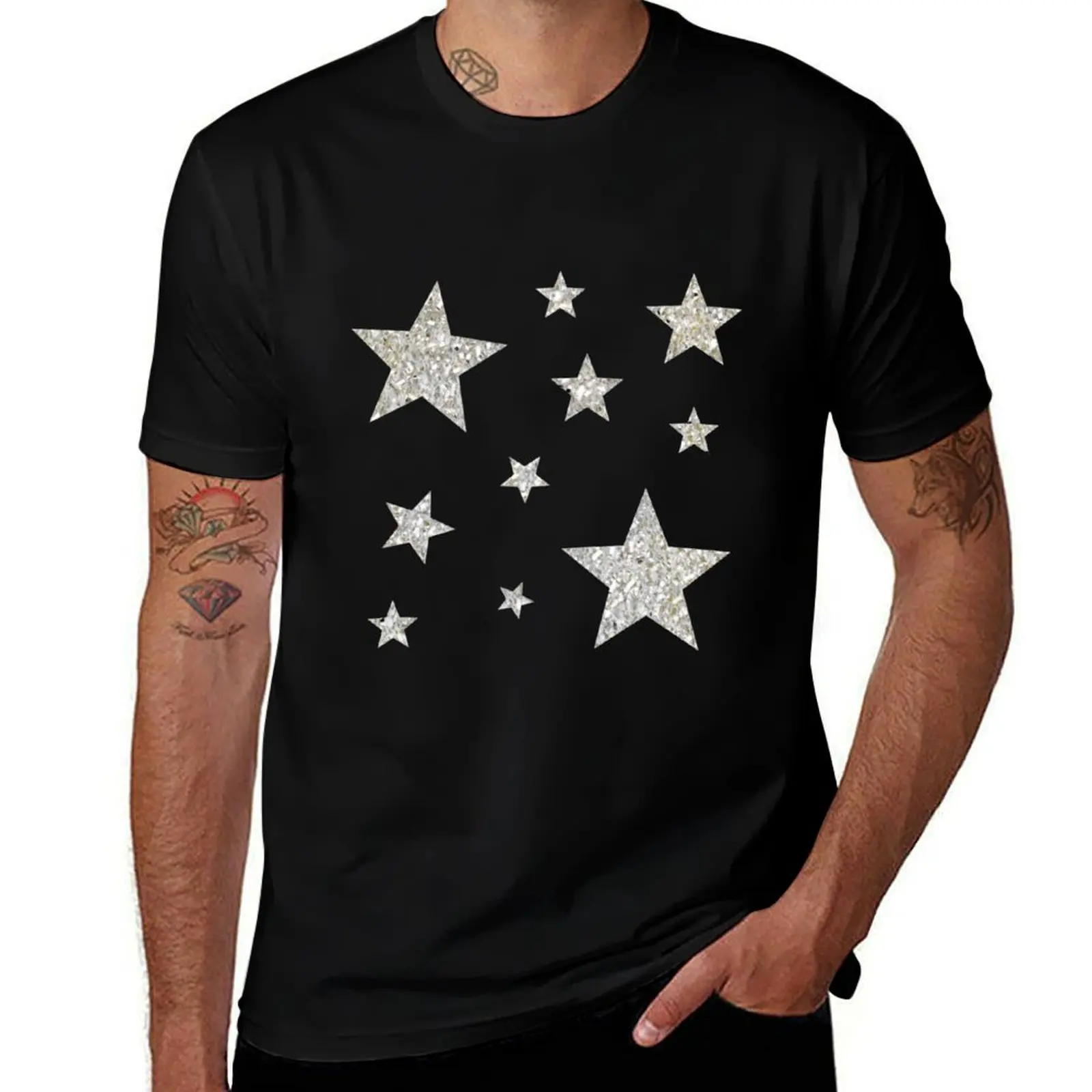 Silver Faux Glitter Stars T-Shirt Graphic Print Short Sleeve T-Shirt