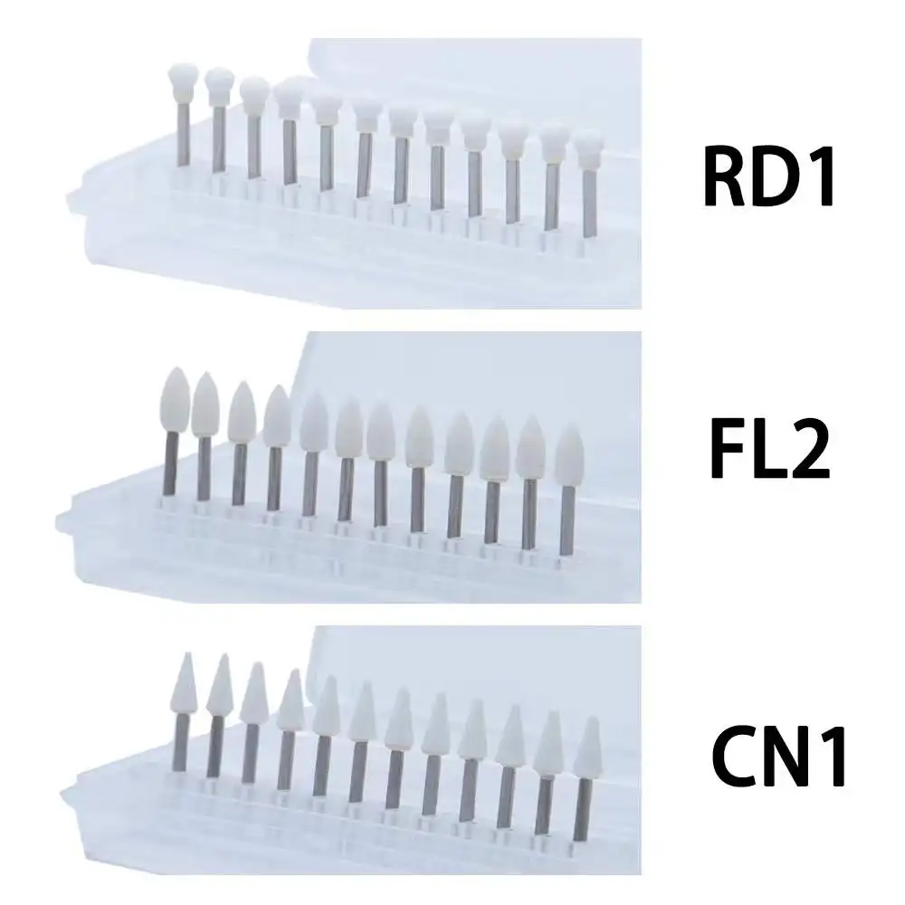 12pcs/box Dental White Stone Polishing FG Burs Cone/Flame/Round Shape Abrasion Bur For Polishing CN1 FL2 RD1 Dentistry Materials