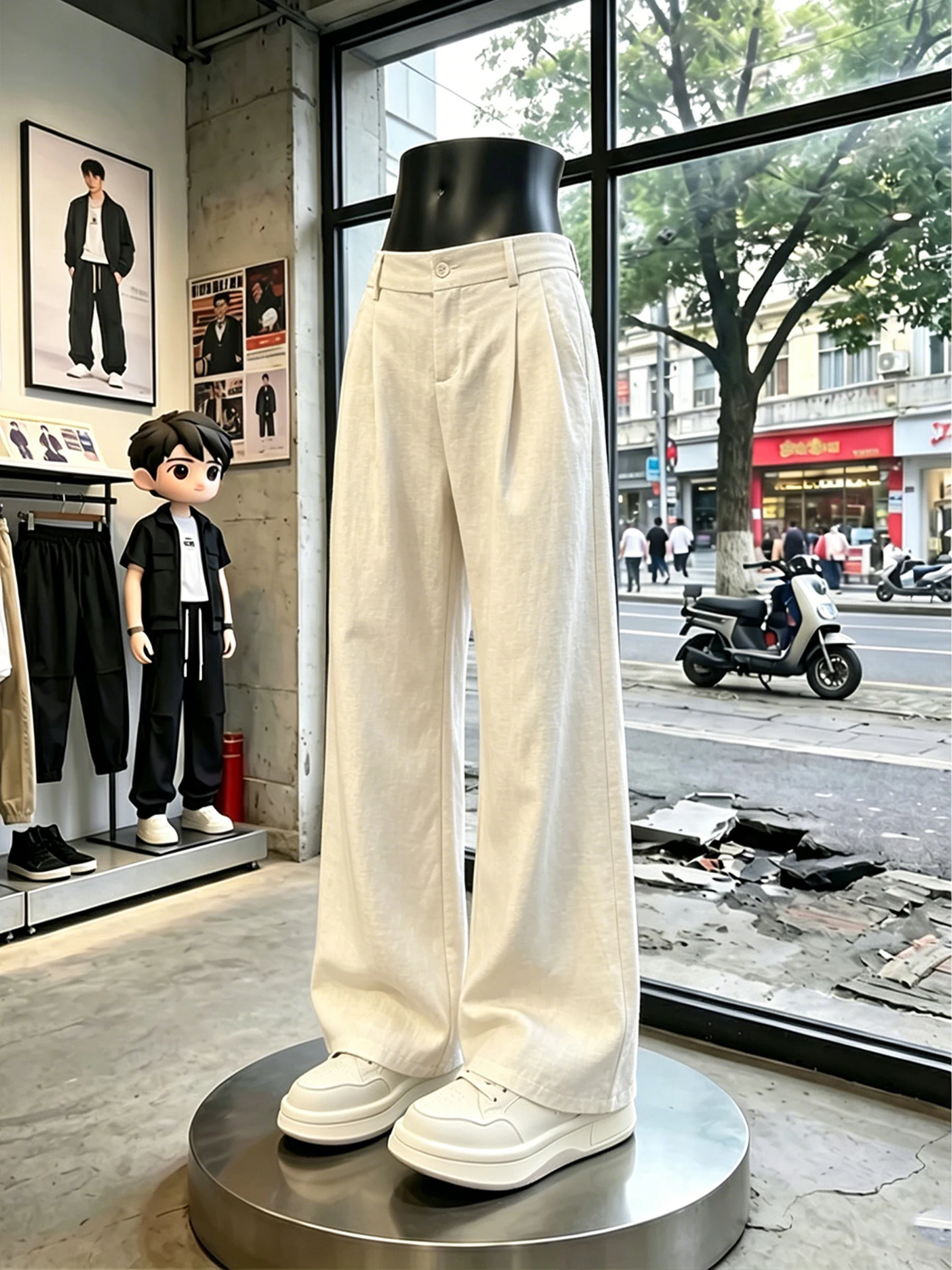 

Lightweight Folded Hem Linen Casual Pants Men's Summer Straight Leg Wide Leg Loose Fit American Style Casual Trousers
