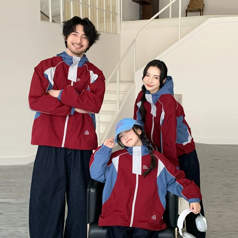 Family Matching Outfits Color Block Hooded Jacket Parent Child Workwear Coat Dad Mom Son Daughter Zip Up Outdoor Windbreaker
