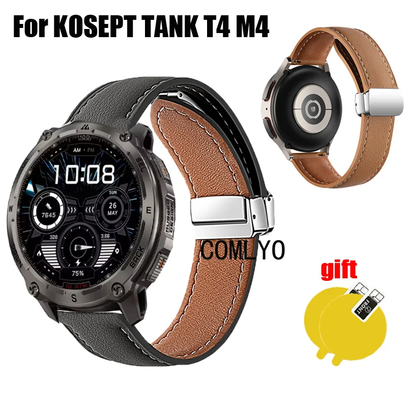 

For KOSPET Tank T4 M4 Strap Leather Genuine Folding Magnetic Buckle Soft Smart Watch men Band Screen protector film