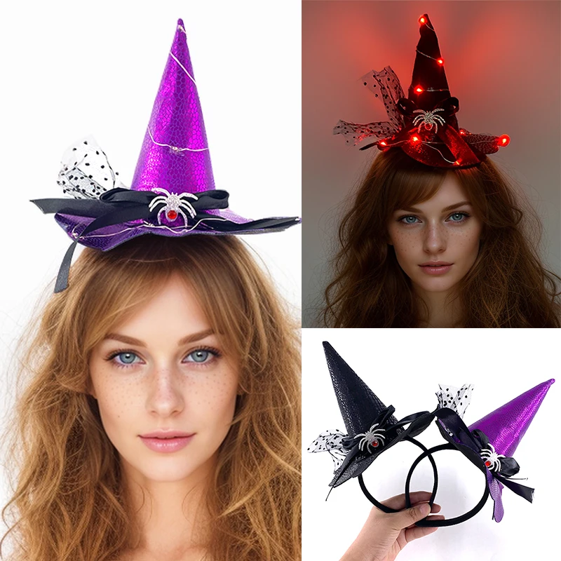 Suministros de accesorios de Cosplay de Halloween, sombrero de araña de terror, decoración de cabeza para niñas y mujeres, diadema LED para Halloween Rave Night