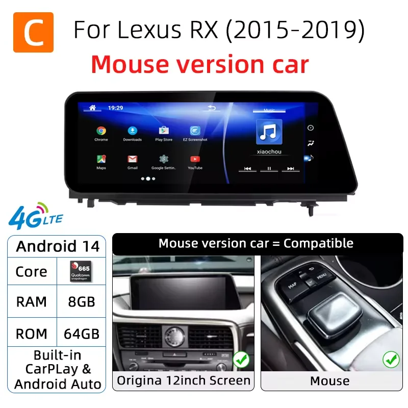 Android 14 Car Radio，Lexus RX RX200t Rx300 Rx350 Rx450h RX400h 2015-2019 Snapdragon 665 GPS Multimedia Player CarPlay Screen
