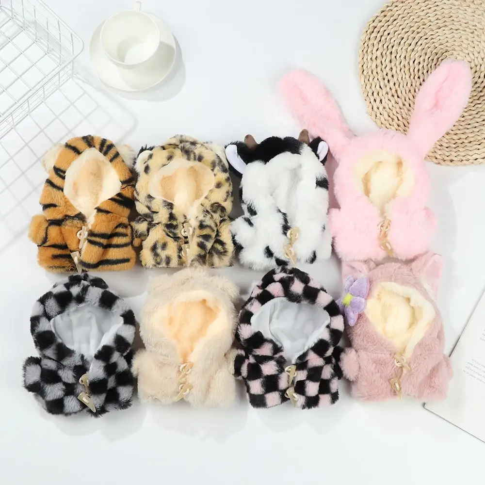 20cm Winter haarige Outfits austauschbare Geschenk Mini Horn Schnalle Kaninchen Bär Tiger Puppe Kleidung Tier Plüsch Mantel