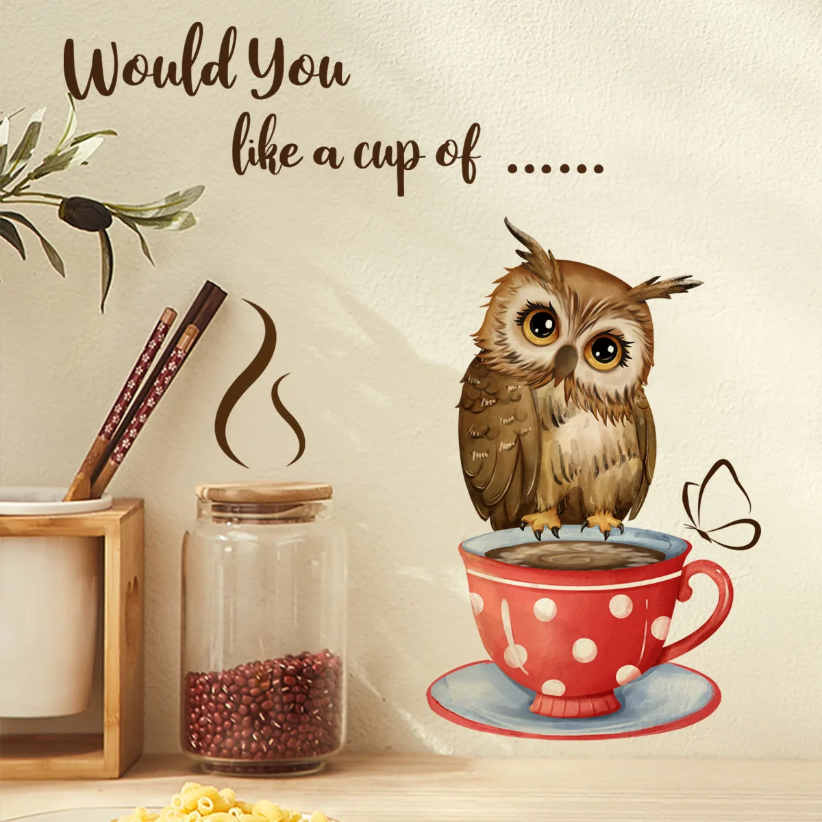 20*40cm English Slogan Coffee Cup Owl Wall Sticker Background Wall Living Room Bedroom Study  Decorative Wall Sticker Ms4254