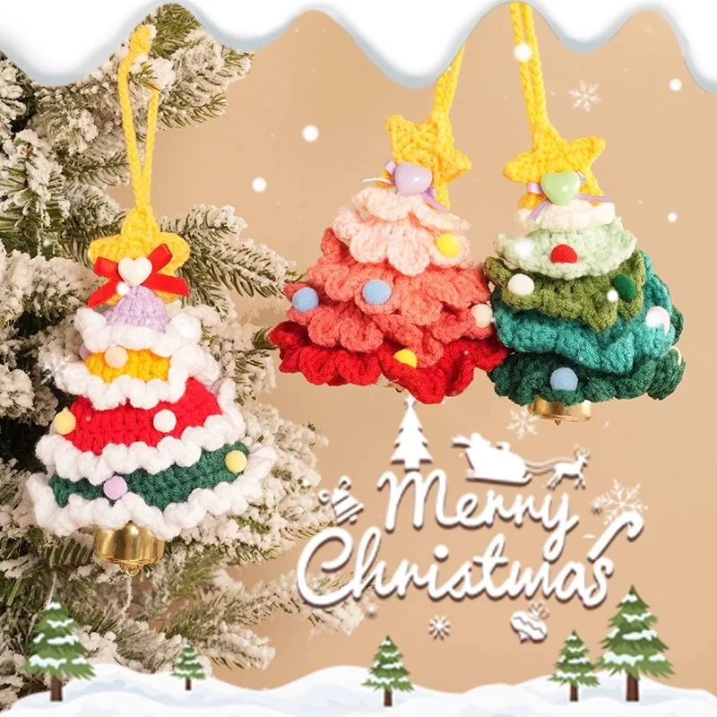 Вязаная рождественская елка с колокольчиком, плюшевая рождественская подвесная подвеска, шерстяная вязаная крючком рождественская елка для декора рождественской вечеринки Вязаная рождественская елка с колокольчиком, плюшевая рождественская подвесная подвеска, шерстяная вязаная крючком рождественская елка для декора рождественской вечеринки