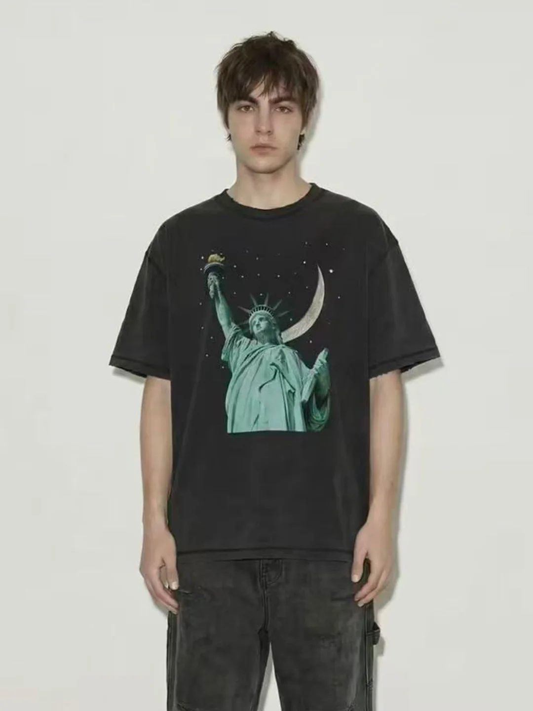 Washed out American Diamond Freedom Goddess Night  Graffiti Short Sleeve T-Shirt Men's Women's Trendy Brand Cotton round Neck