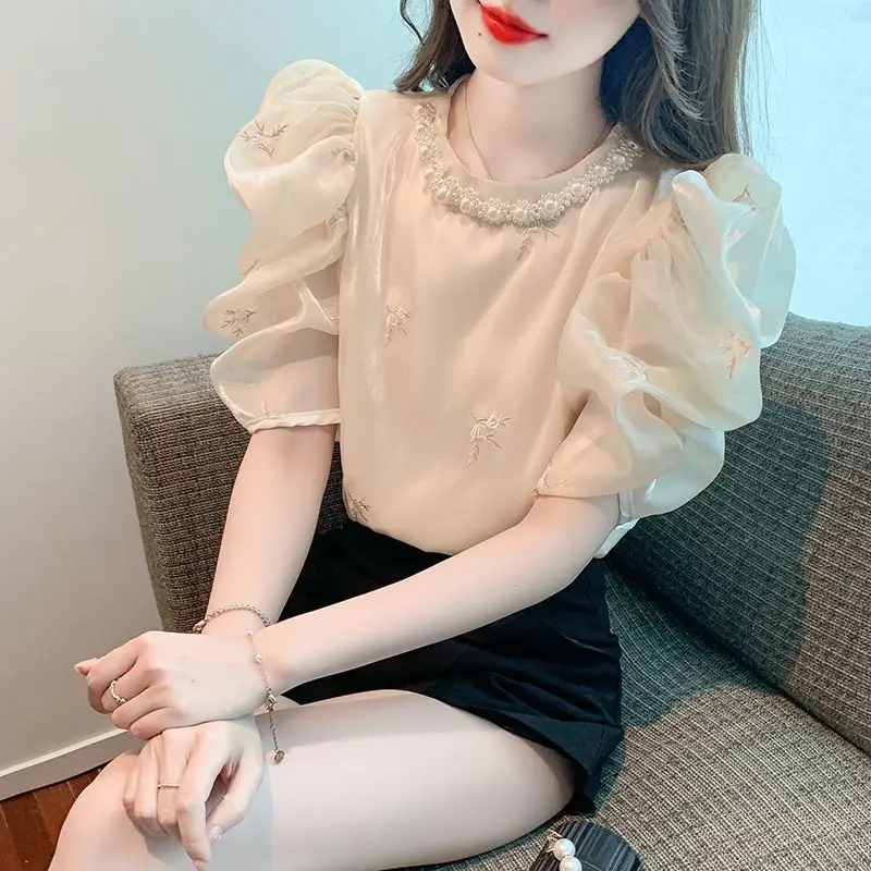 

Summer Women's Short Sleeve Round Neck Beaded Bubble Sleeve Blouse Solid Color Embroidered Chiffon Shirt Blouse Women Tops Q657