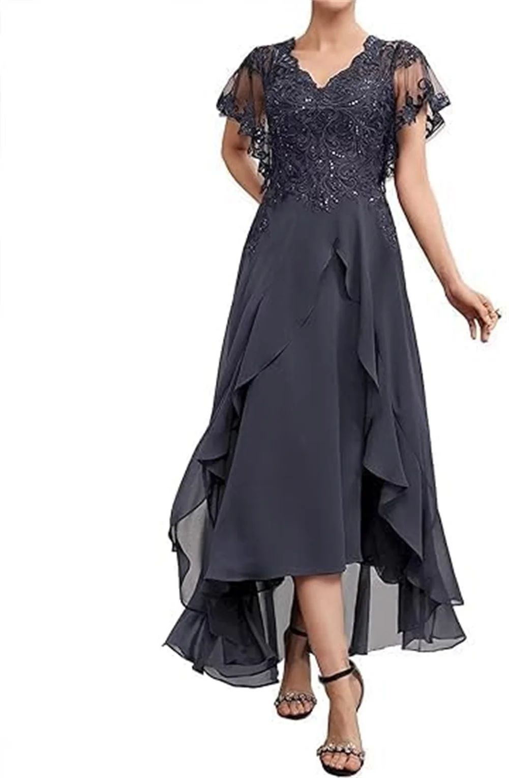 

Tea Length Mother Of The Bride Dresses For Wedding Chiffon Ruffle Lace Appliques Formal Evening Gowns Short Sleeves Prom Dress