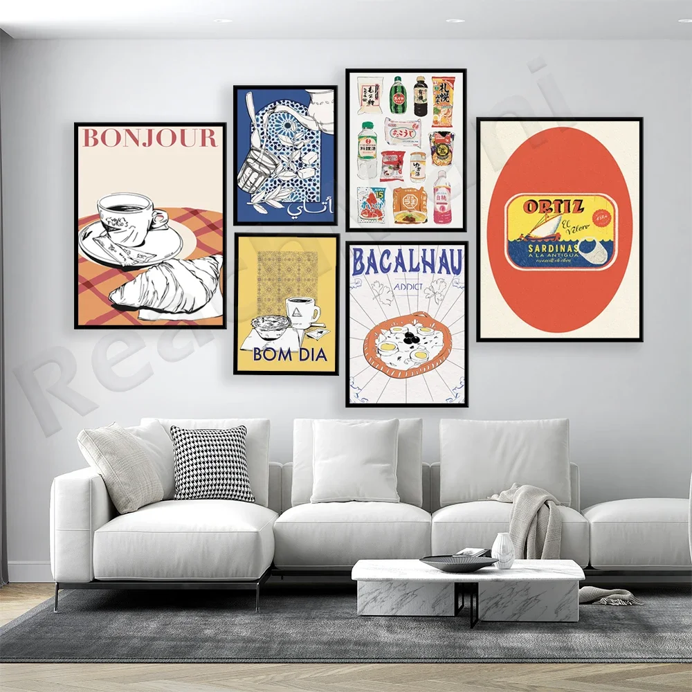 ياباني ، ملصق طعام إسبانية ، رامين ، بوم ديا برتو قهوة ، Thé marocain à la menthe ، سمك ، كرواسون ، سوشي ، تزيين الفواكه