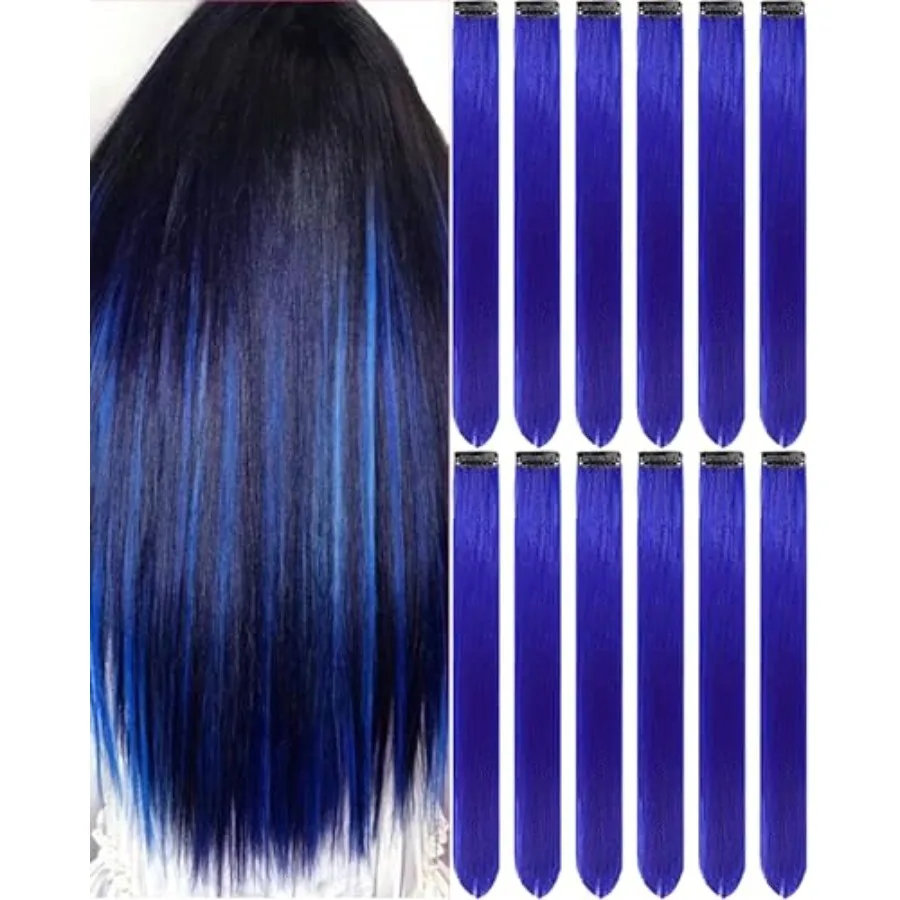 12 PCS Blue Hair Extensions Clip in for Party Use, Synthetic, Blue, 22 Inch Long Straight Highlights with Secure Clip-In Design