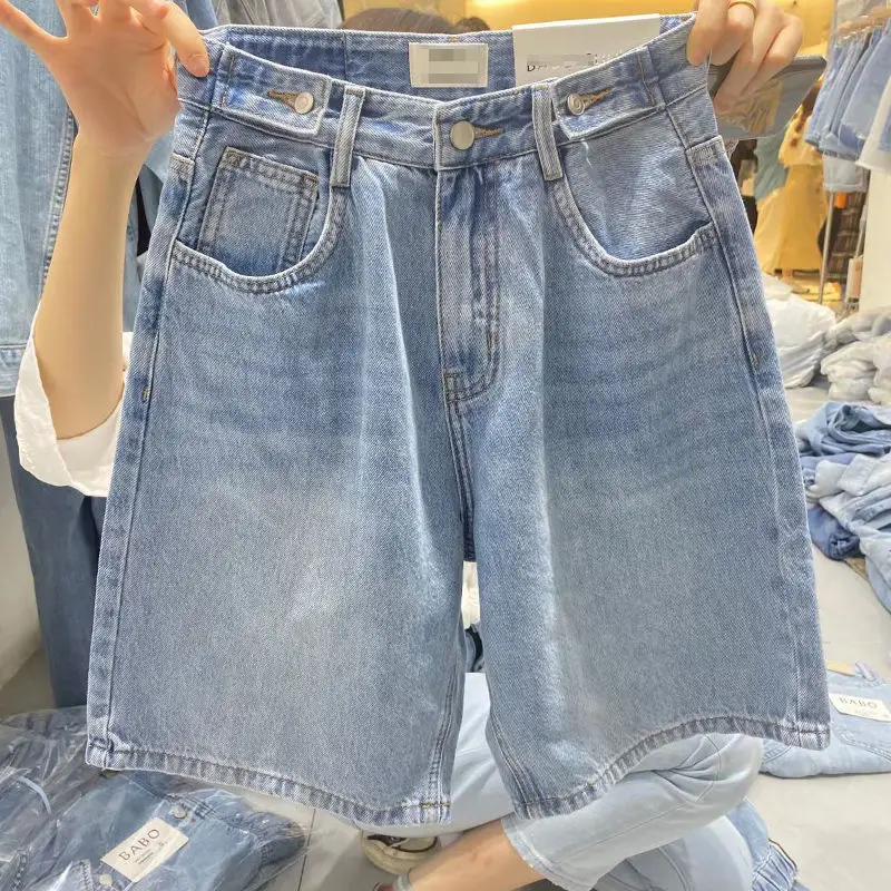 

2023 New Women's Baby Blue Denim Cropped Shorts Women's High Waist Loose Wide Leg Pants Summer Thin Pants