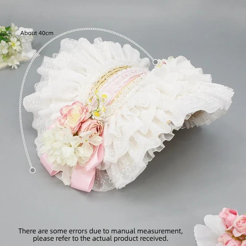 New French Rural Style Lolita Straw Hat Ribbon Bow with Strap Ribbon Flower Beach Hat Hair Accessories Ruffle Lace Flat Top Hat