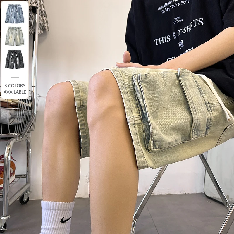 

Vintage Cargo Denim Shorts Men's Summer Jorts Loose Fit Streetwear Multi-Pocket Fashion Workwear Casual Washed Jean Shorts