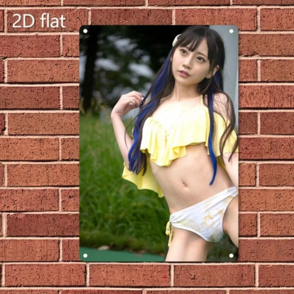 HD Metal Tin Sign Cute Japanese Girl in Yellow Ruffle Bikini with Blue Hair Retro Metal Wall Art 8x12 Inch
