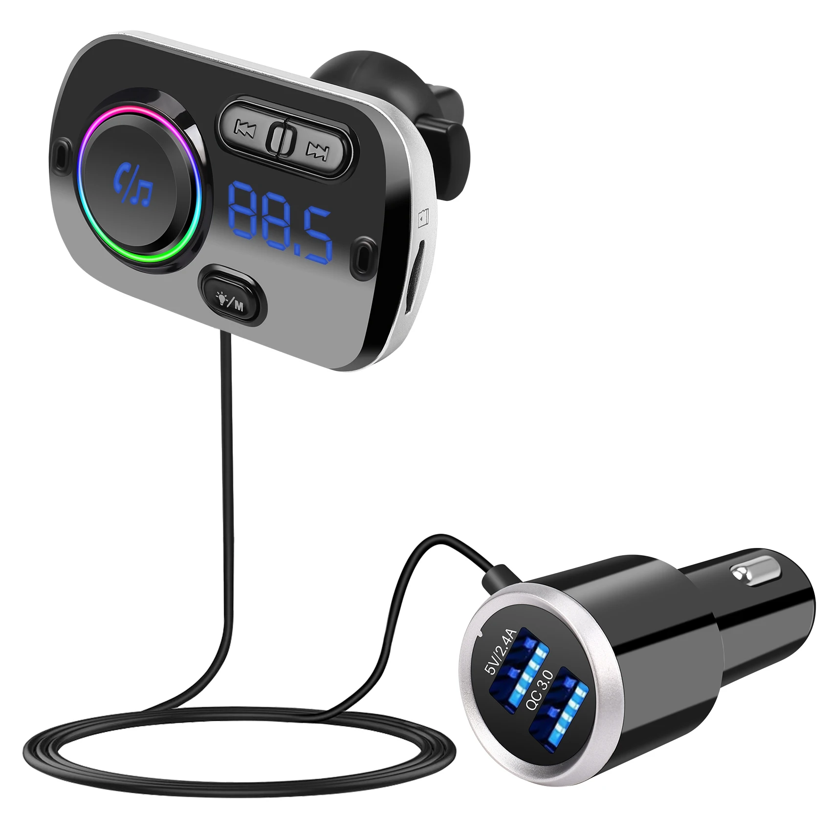 Wireless Bluetooth FM Transmitter Car Handsfree MP3 Player Dual USB QC3.0 Fast Charger with Colorful Atmosphere Lights