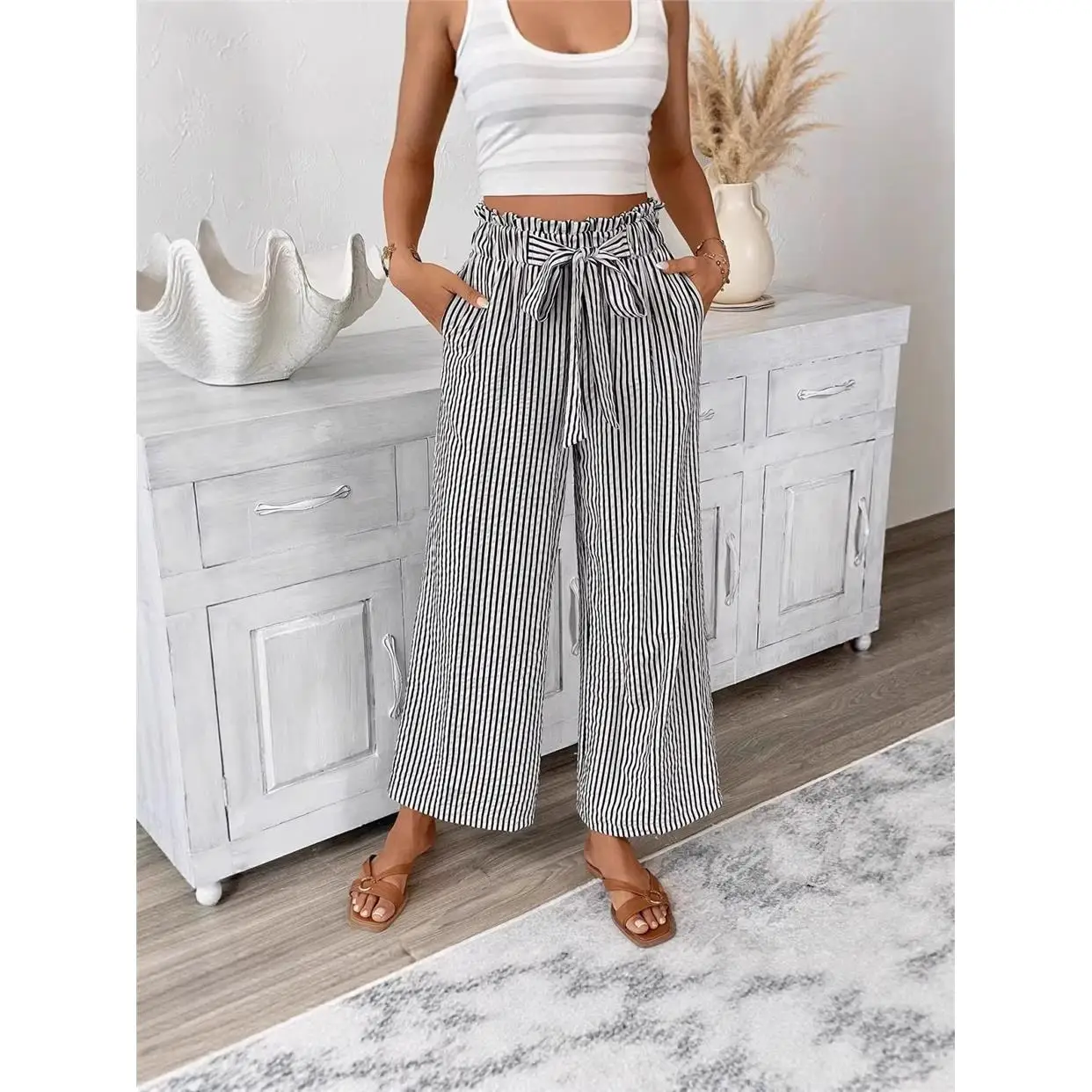 Elegant Casual Striped Straight Leg Pants Women's Spring Summer New Arrival Cross-Border High Waist Wide Leg Pants
