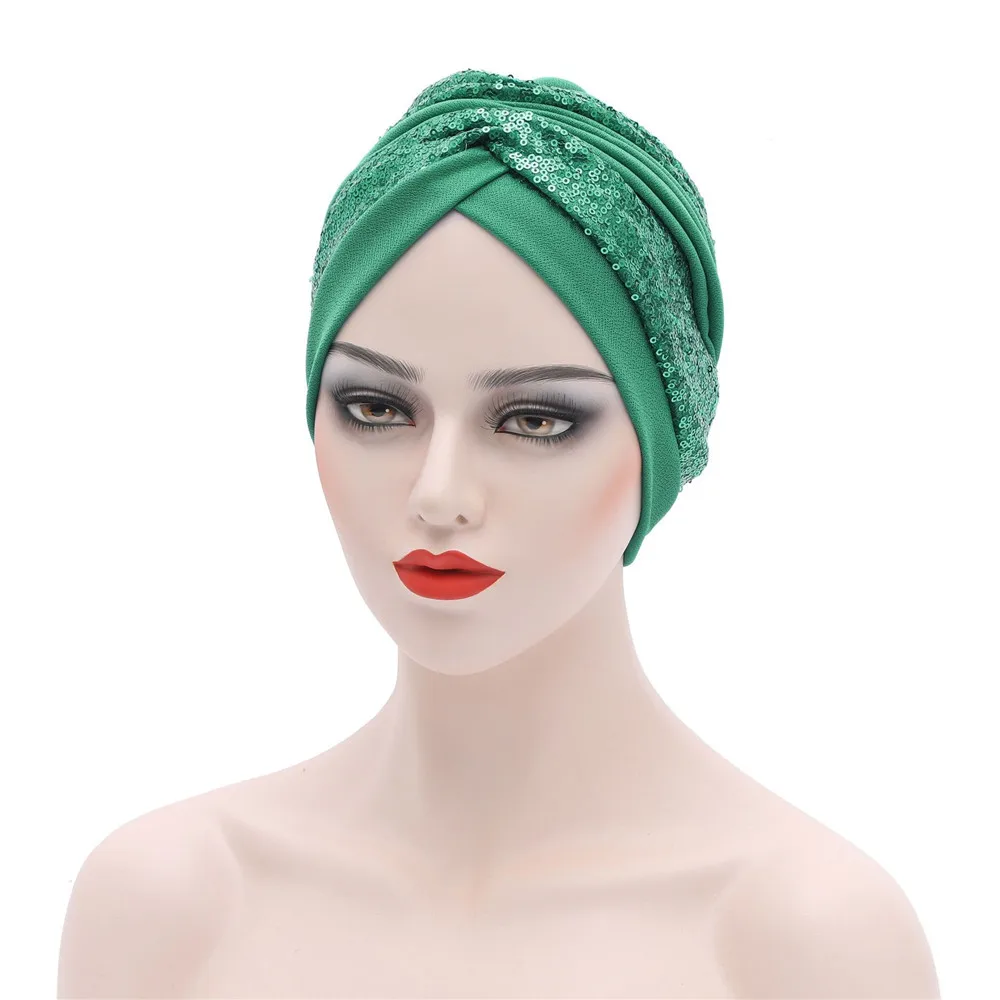 New Muslim Hijabs African Headtie Shimmer Sequin Pleated Hat Nigerian Ladies Head Wrap Chemo Caps Twisted Turban Women Auto Gele