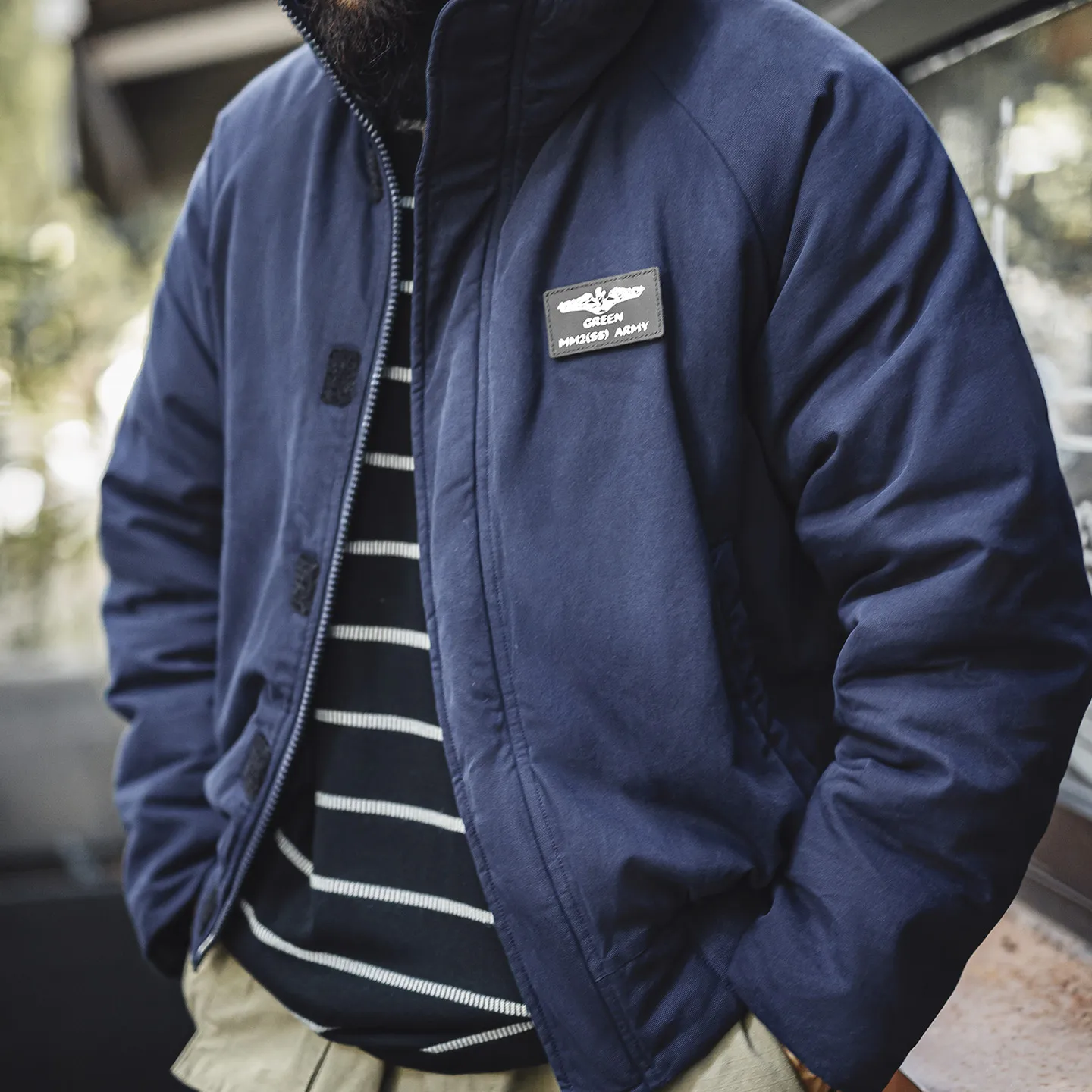 

Maden Men’s Vintage Navy Blue Cotton Padded Jacket Winter Thick Warm Short Stand Collar Zip Up Raglan Sleeve Casual Coat