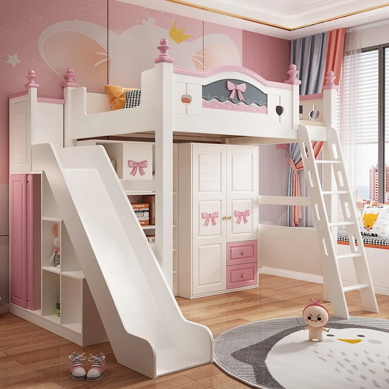 Go to bed Under table Upper and lower bunk Wooden bed Children girl Princess bed With desk Wardrobe Integrated multi-functional view 2