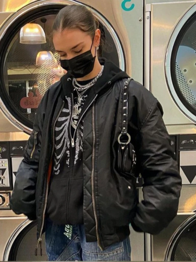 1pc Y2K スタイル レディース カジュアル フード付きジャケット ラインストーン スケルトン プリント付き、長袖ニット ポリエステル パーカー ジッパー付き