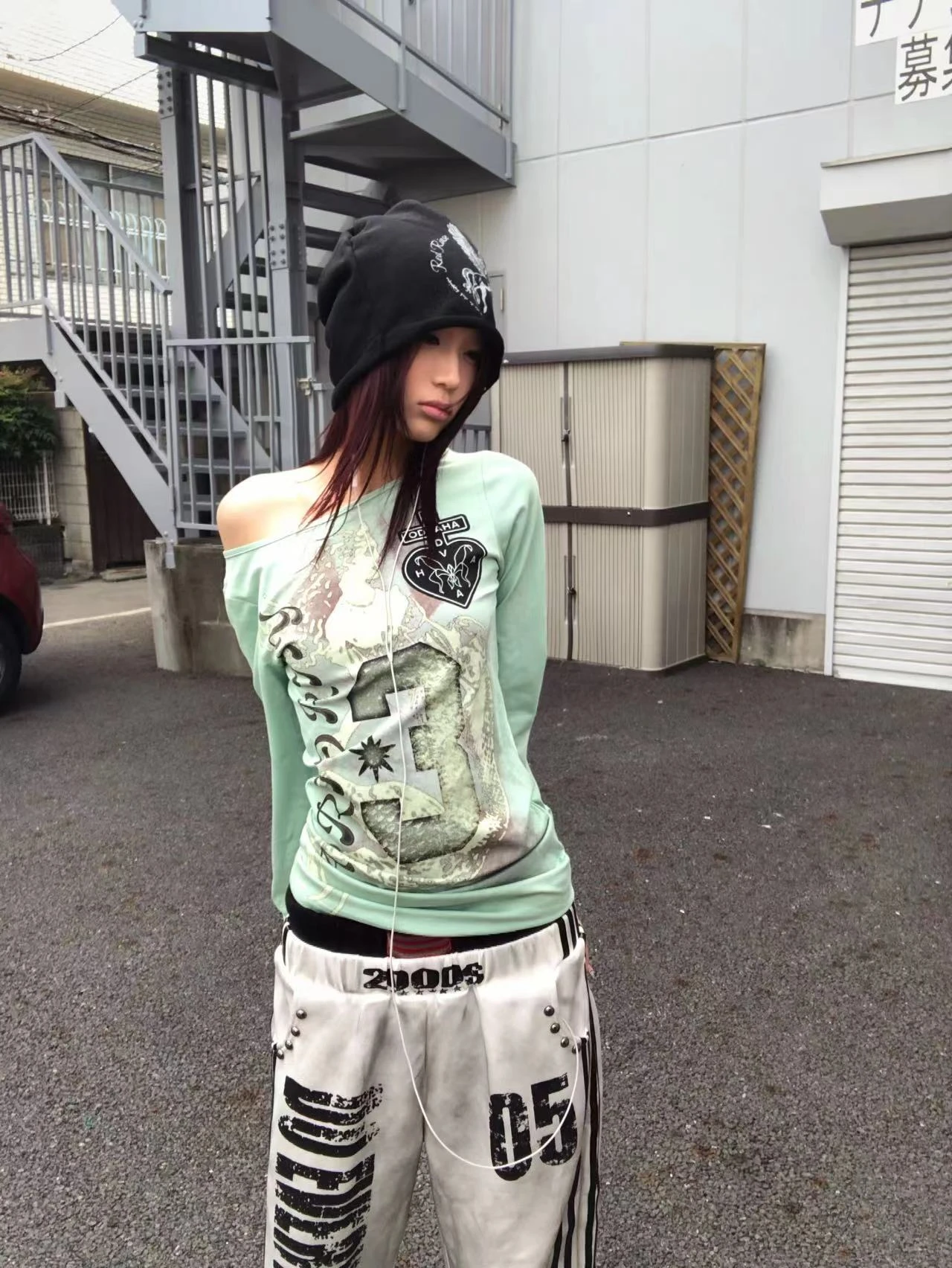 Karrram Japanisches Y2k-Grafik-Print-T-Shirt im Trashy-Stil der 2000er Jahre, Langarm, Mintgrün, Vintage Harajuku Streetwear, Amerikanisch – Detail 9