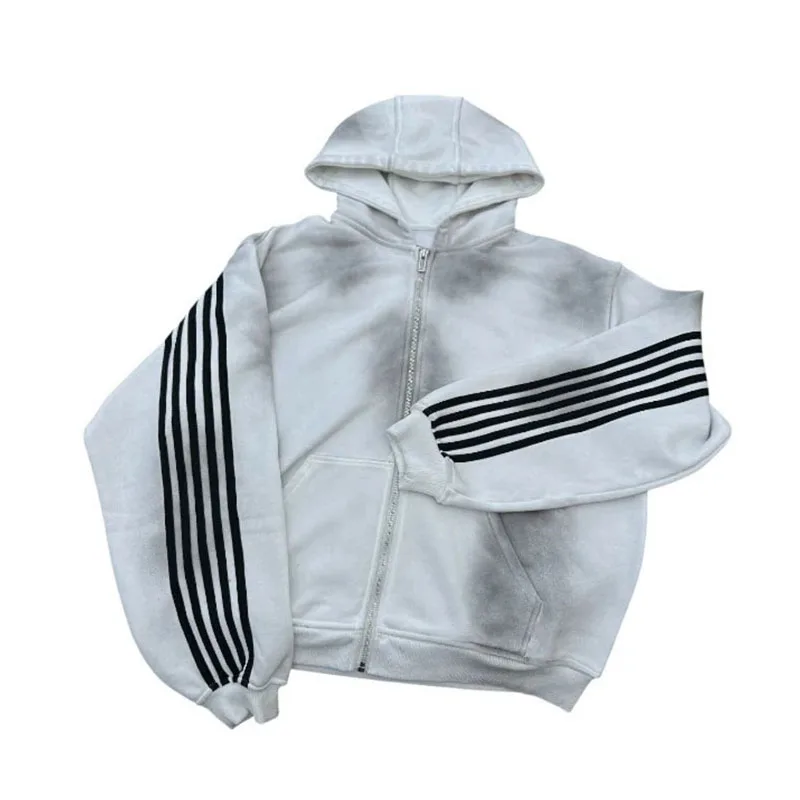 

Vintage Zipper Cardigan Autumn Winter Commuting Joker Women Coat Striped Aesthetics Simple Fashion Stitching Long Sleeve Hoodie