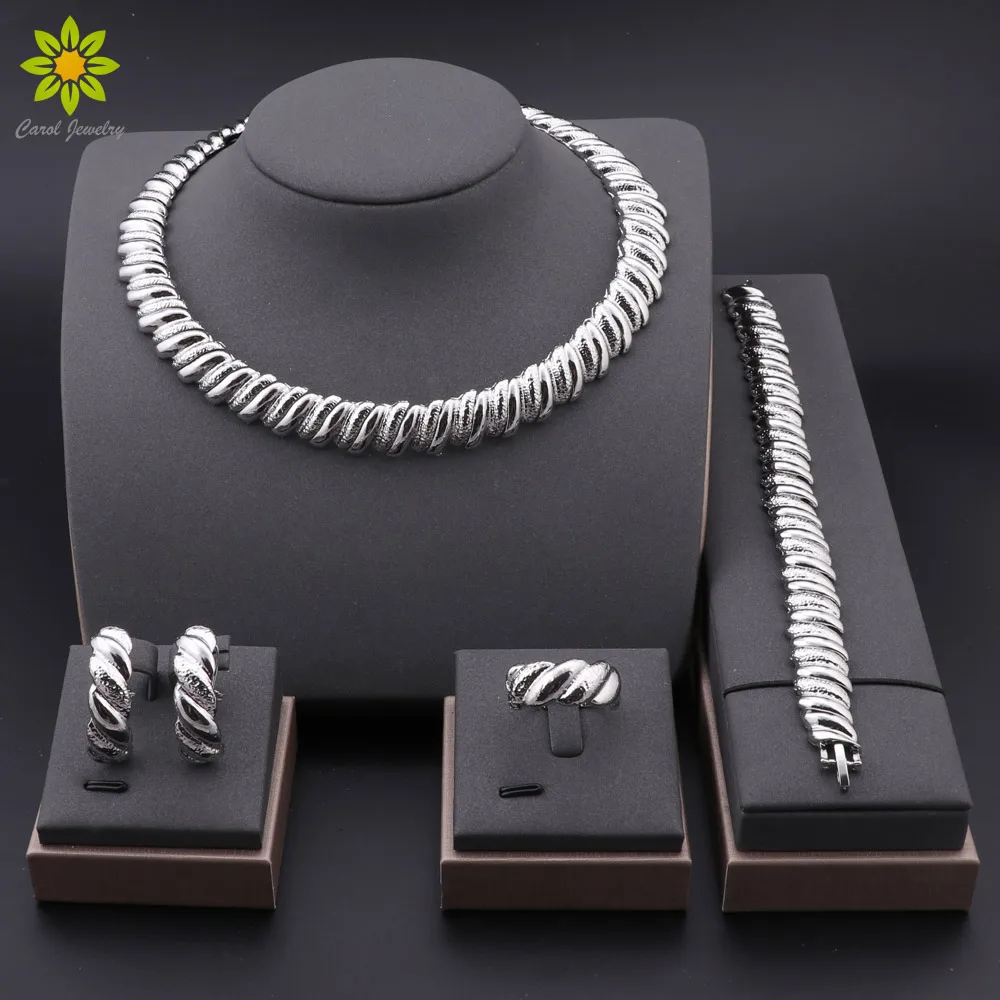 

Fashion Jewelry Sets For Women Earrings Ring Bracelet Necklace Silver Plated Classic Wedding Dress Accessories