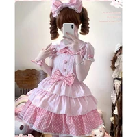 Conjunto de vestido estilo japonés Kawaii Lolita para mujer, camisas con mangas abullonadas y cuello Peter Pan, vestidos con tirantes y lazo, conjuntos de dos piezas Y2k 2025