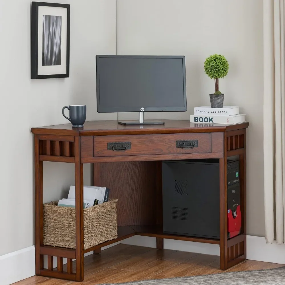 82430 Mission Corner Desk, Writing Computer Desk with Drop Front Keyboard Drawer, for Home Office, Solid Wood, Mission Oak