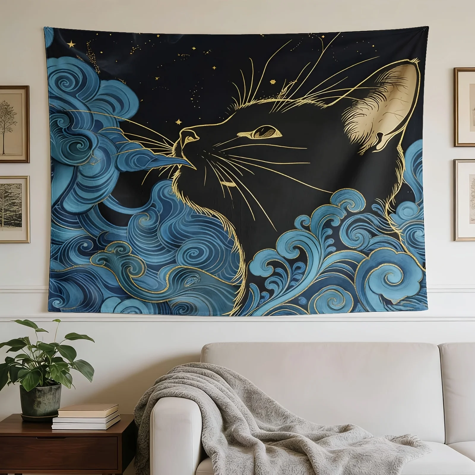 VIKAMA Starry Sky Black Cat Gilded Tapestry, Light Luxury Art Style for Living Room Wall Decor