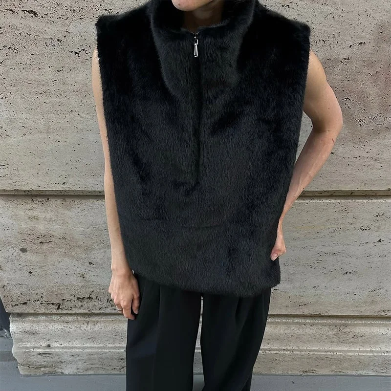 Women's Solid Faux Fur Vest Chic High Collar Sleeveless Zipper Cropped Waistcoat 2026 Autumn Winter Lady Daily Street Soft Coat