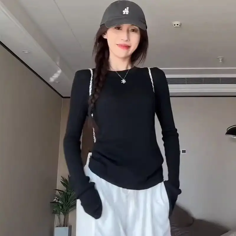 Spring Autumn T Shirt Women Tops Knitting Solid Slim Fit Pullovers Causal Korean O Neck Long Sleeve Basic Elasticity Tshirt